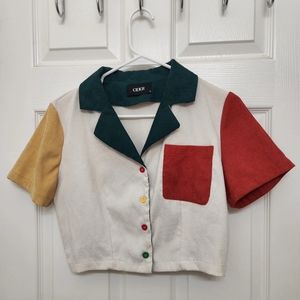 CIDER Patchwork Collar Short Sleeve  Blouse